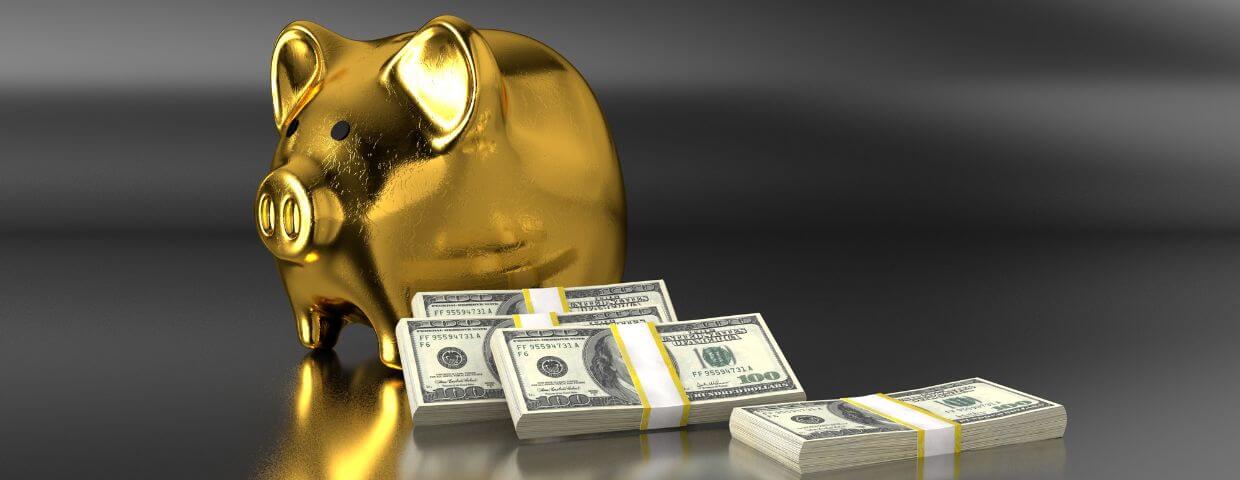 golden piggy bank next to stacks of money